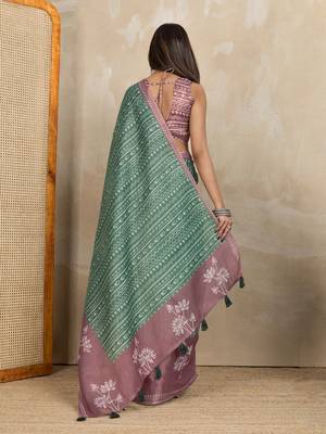 green pre draped abstract printed erode anmol silk saree with designer blouse 3