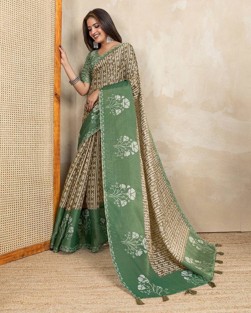 brown colour Ready to wear abstract printed erode anmol silk saree with designer unstitched  blouse