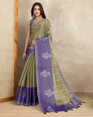 olive colour Ready to wear abstract printed erode anmol silk saree with designer unstitched  blouse 1