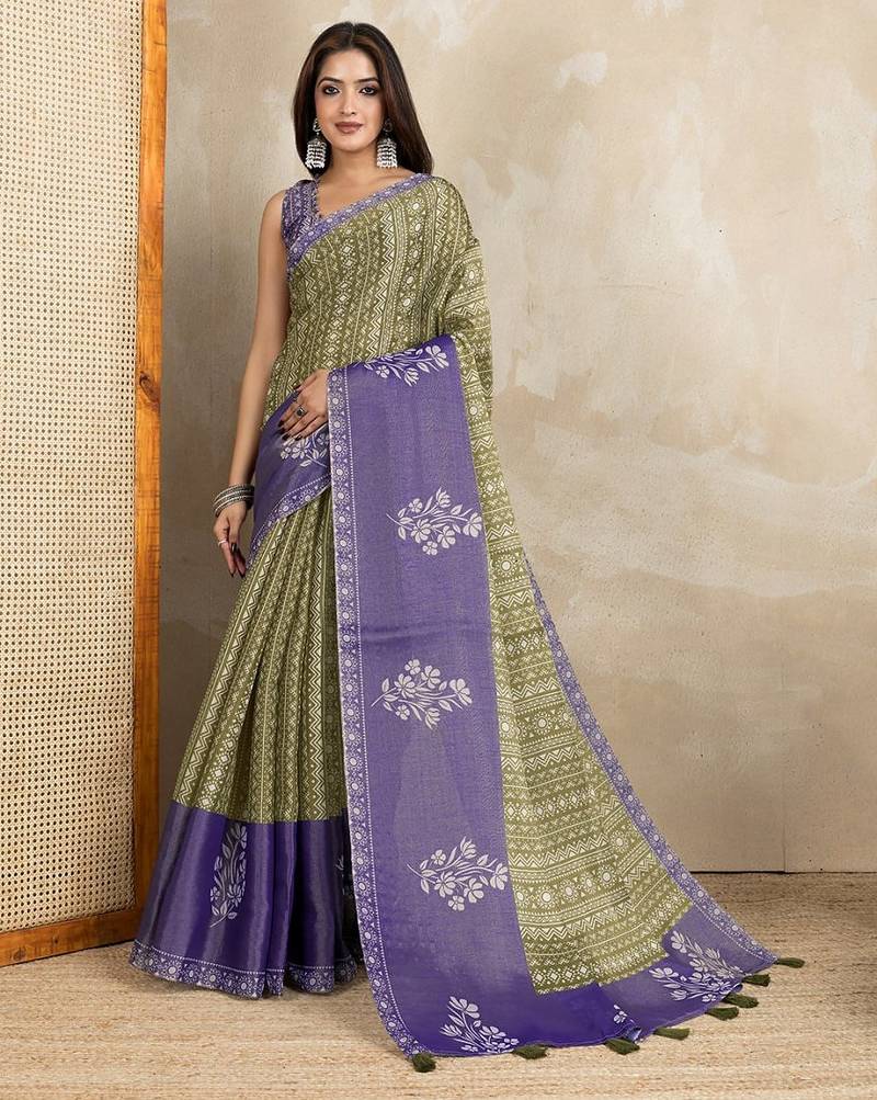 olive colour Ready to wear abstract printed erode anmol silk saree with designer unstitched  blouse