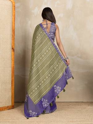 olive colour Ready to wear abstract printed erode anmol silk saree with designer unstitched  blouse 2