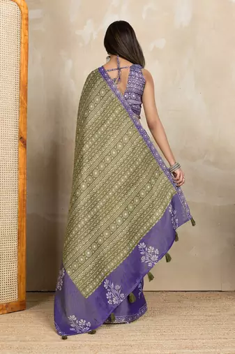 olive colour Ready to wear abstract printed erode anmol silk saree with designer unstitched  blouse