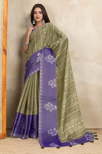 olive colour Ready to wear abstract printed erode anmol silk saree with designer unstitched  blouse