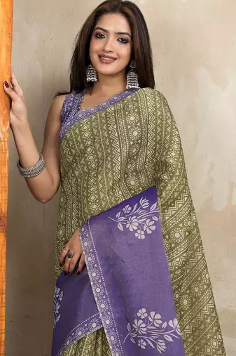 olive colour Ready to wear abstract printed erode anmol silk saree with designer unstitched  blouse