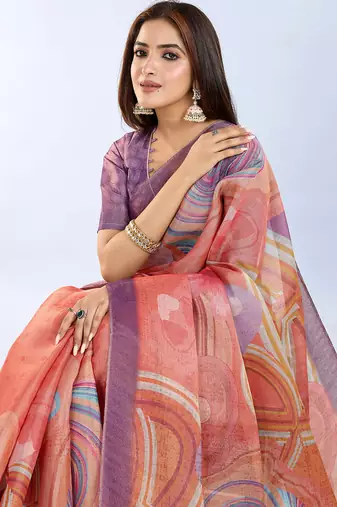 coral colour Ready to wear abstract printed erode anmol silk saree with designer unstitched  blouse