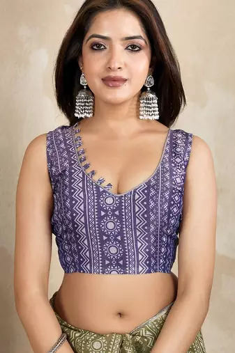 olive colour Ready to wear abstract printed erode anmol silk saree with designer unstitched  blouse
