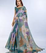 indigo colour Ready to wear abstract printed erode anmol silk saree with designer unstitched  blouse