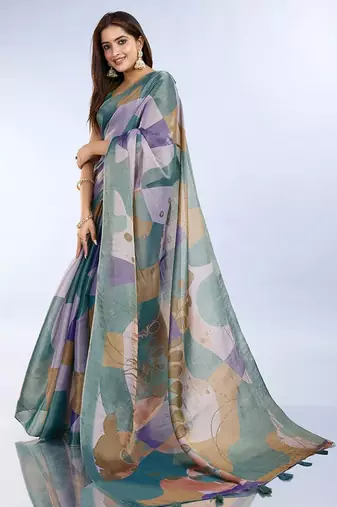indigo colour Ready to wear abstract printed erode anmol silk saree with designer unstitched  blouse