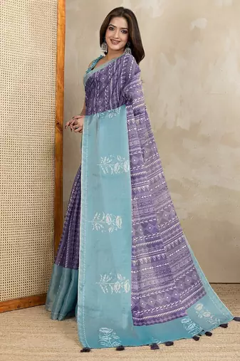 purple colour Ready to wear abstract printed erode anmol silk saree with designer unstitched  blouse