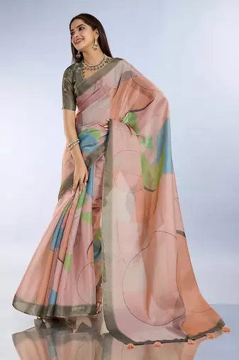 coral colour Ready to wear abstract printed erode anmol silk saree with designer unstitched  blouse