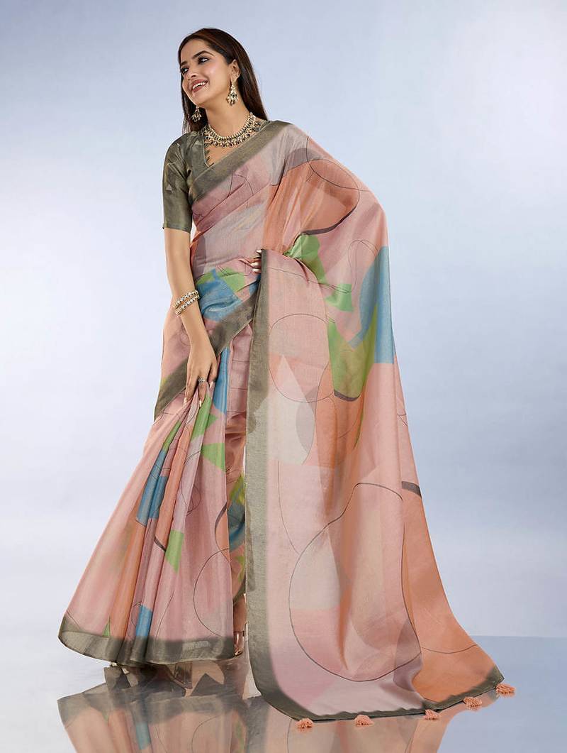 coral colour Ready to wear abstract printed erode anmol silk saree with designer unstitched  blouse