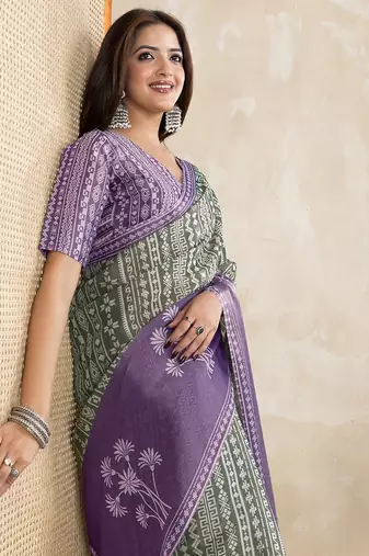 purple colour Ready to wear abstract printed erode anmol silk saree with designer unstitched  blouse