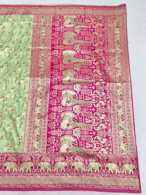 Light green zari woven silk blend saree with blouse piece 2