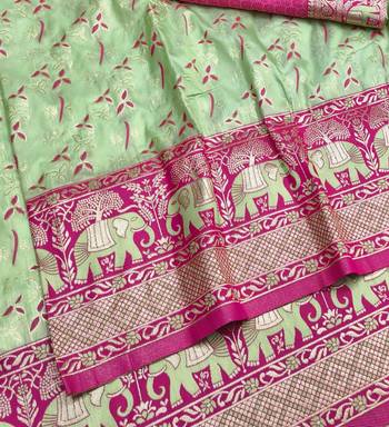 Light green zari woven silk blend saree with blouse piece 3