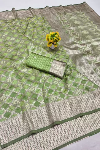 Light green zari woven banarasi silk blend saree with blouse piece