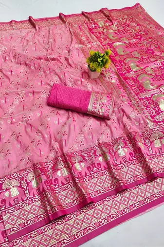 Pink zari woven banarasi silk blend saree with blouse piece