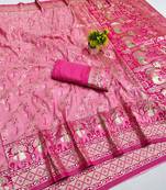 Pink zari woven banarasi silk blend saree with blouse piece