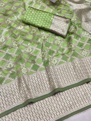 Light green zari woven silk blend saree with blouse piece 3