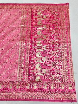 Pink zari woven silk blend saree with blouse piece 2