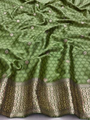 Light green zari woven silk blend saree with blouse piece 4