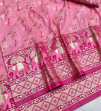 Pink zari woven silk blend saree with blouse piece 3