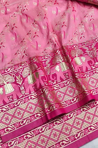 Pink zari woven silk blend saree with blouse piece