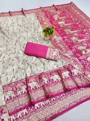 Cream zari woven silk blend saree with blouse piece 1