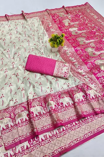 Cream zari woven banarasi silk blend saree with blouse piece