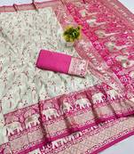 Cream zari woven banarasi silk blend saree with blouse piece