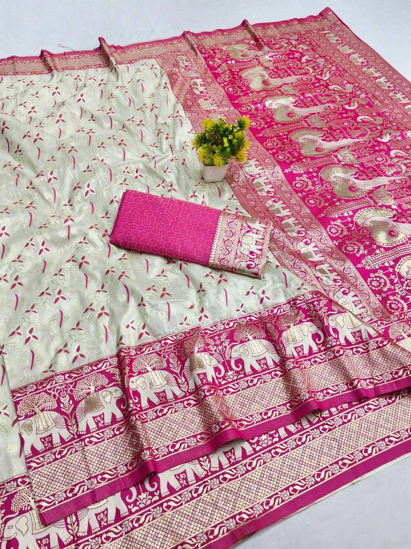 Cream zari woven banarasi silk blend saree with blouse piece