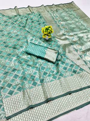 Light blue zari woven silk blend saree with blouse piece 1