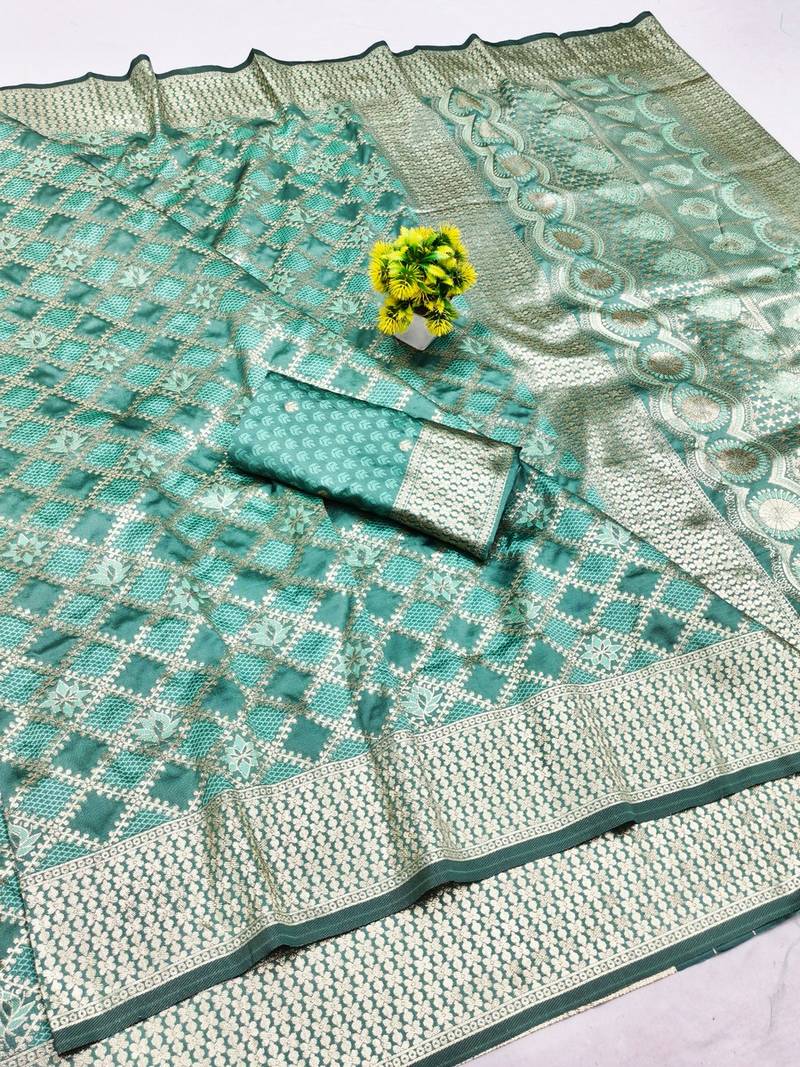 Light blue zari woven banarasi silk blend saree with blouse piece