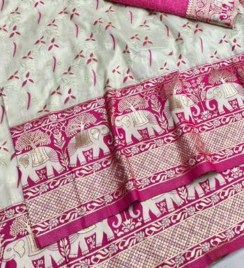 Cream zari woven silk blend saree with blouse piece 3