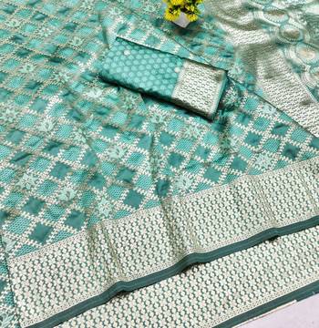 Light blue zari woven silk blend saree with blouse piece 3