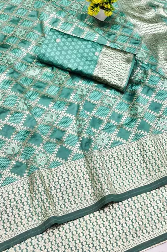 Light blue zari woven silk blend saree with blouse piece