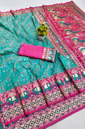 Blue zari woven silk blend saree with blouse piece
