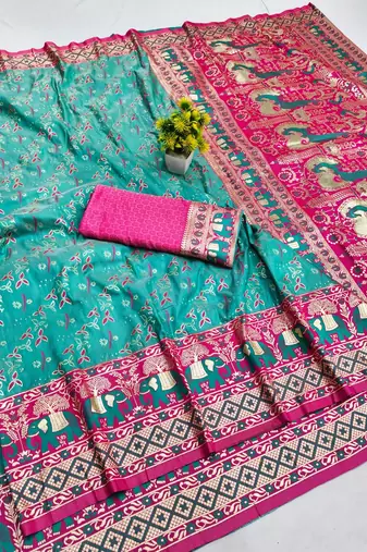 Blue zari woven banarasi silk blend saree with blouse piece