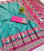 Blue zari woven banarasi silk blend saree with blouse piece