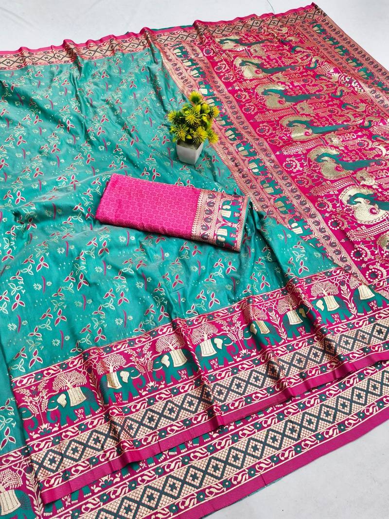 Blue zari woven banarasi silk blend saree with blouse piece