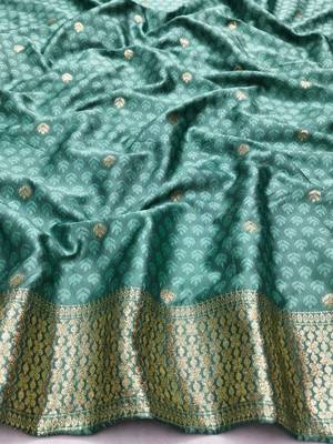 Light blue zari woven silk blend saree with blouse piece 4