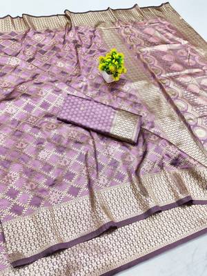 Purple zari woven silk blend saree with blouse piece 1