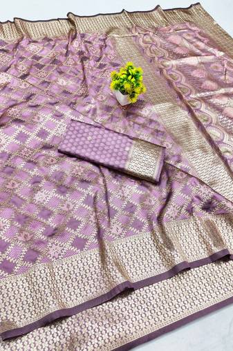 Purple zari woven banarasi silk blend saree with blouse piece