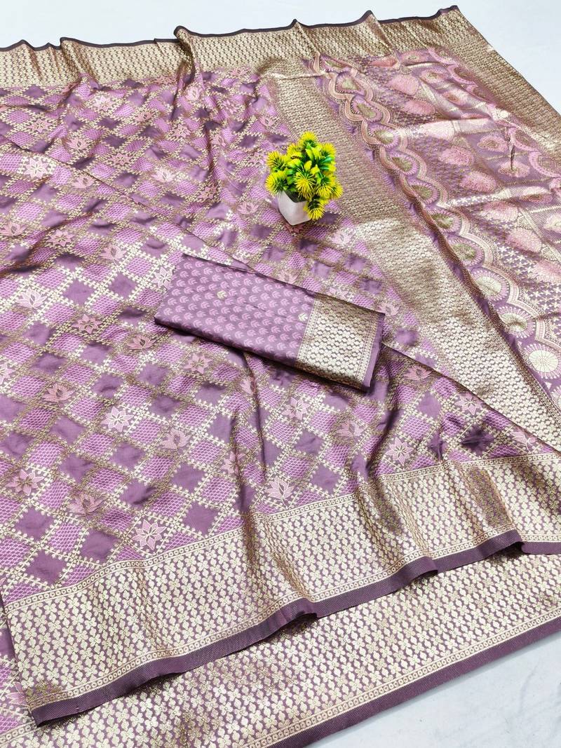Purple zari woven banarasi silk blend saree with blouse piece