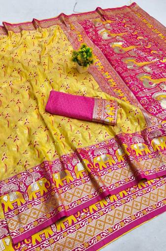 Gold zari woven banarasi silk blend saree with blouse piece