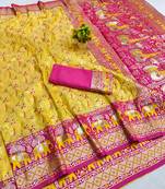 Gold zari woven banarasi silk blend saree with blouse piece