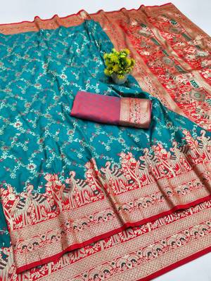 Rama zari woven silk blend saree with blouse piece 1