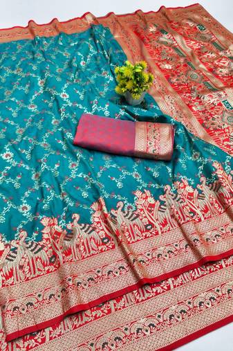 Rama zari woven silk blend saree with blouse piece