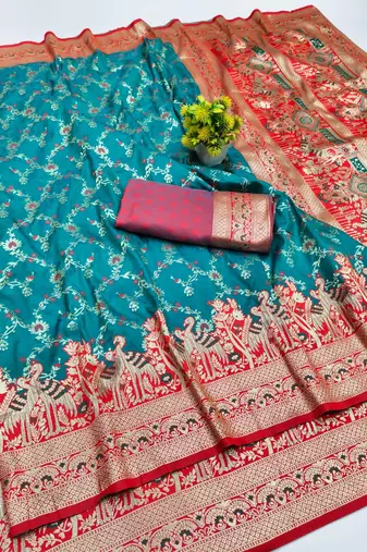 Rama zari woven banarasi silk blend saree with blouse piece