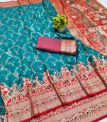 Rama zari woven banarasi silk blend saree with blouse piece