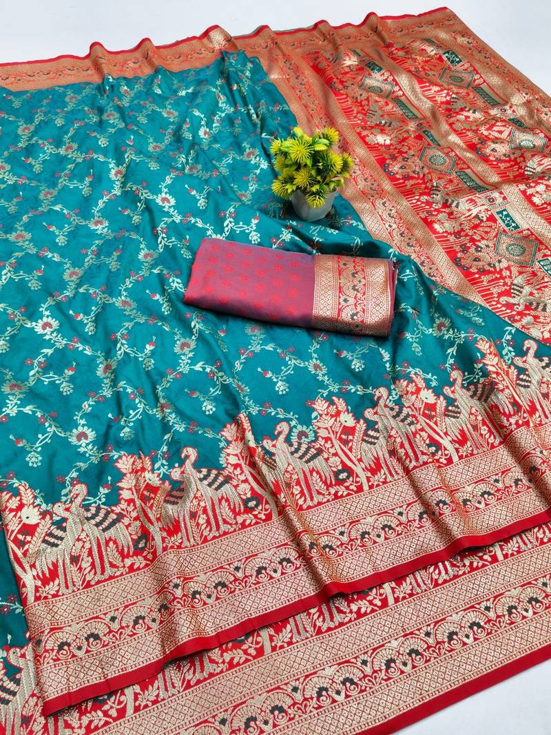 Rama zari woven banarasi silk blend saree with blouse piece